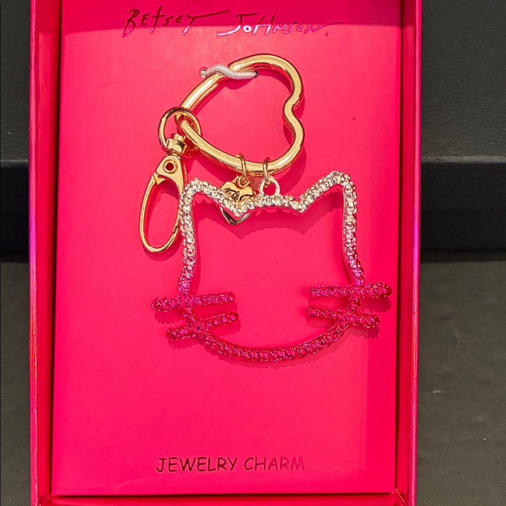 Betsey Johnson Silver and Pink Cat 🐈‍⬛ Outline Gold Keychain/Bag Charm